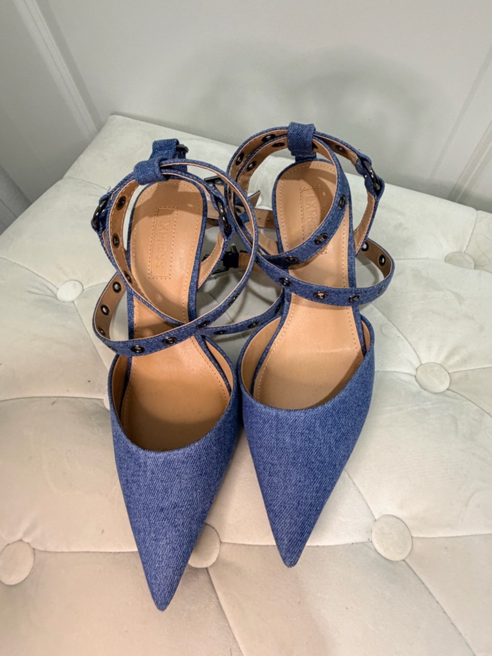 Express Denim Pointed-Toe Strappy Heels - Blue